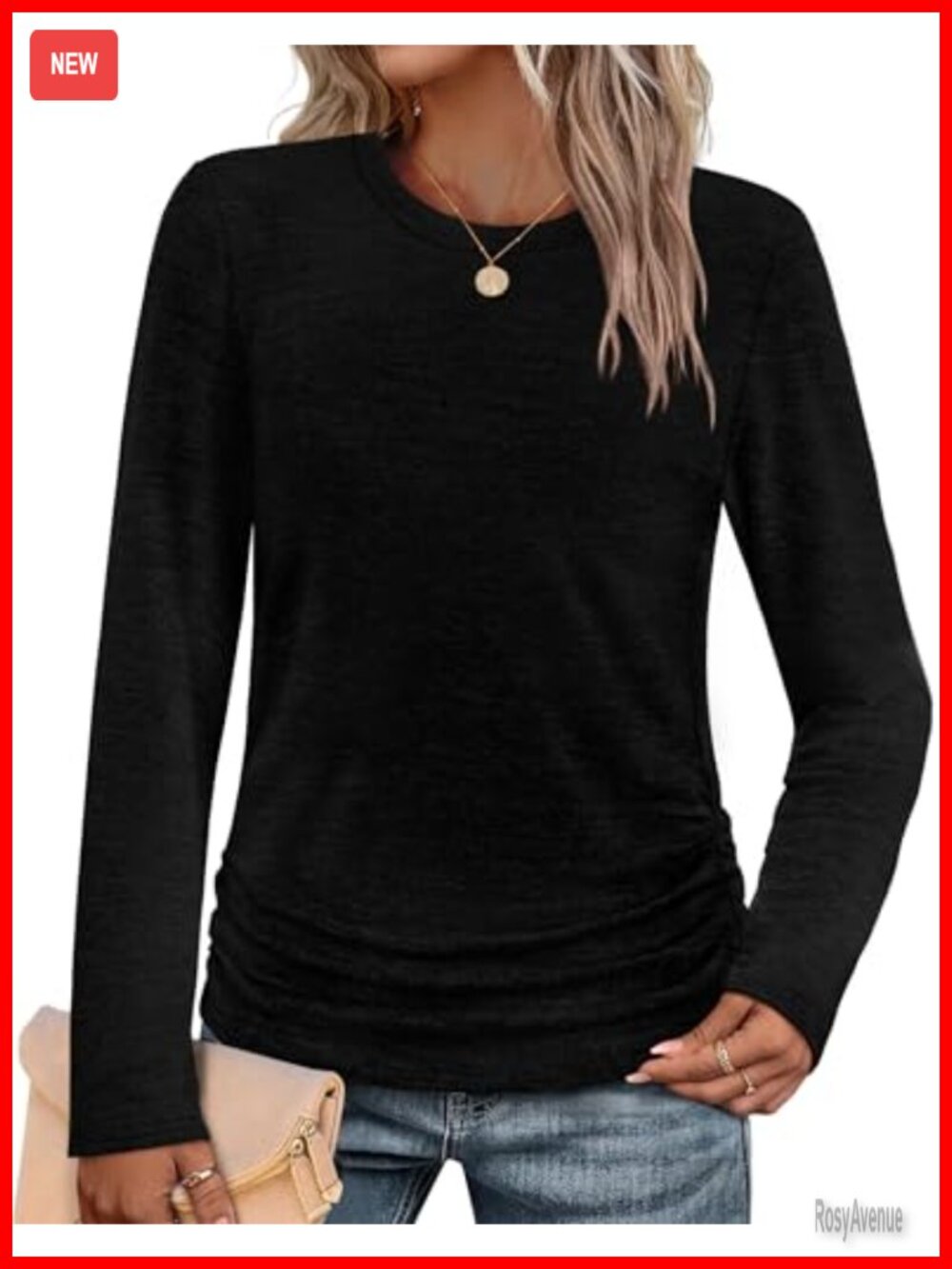 Women's Long Sleeve Ruched Tunic Sweater Crew Neck Loose Fit
